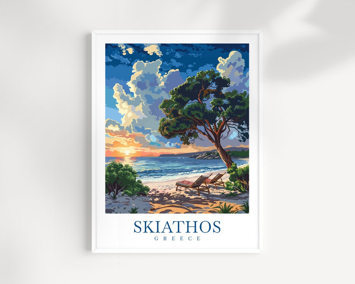 Skiathos Greece Beach Sunset Pine Tree Golden Hour Sea Poster