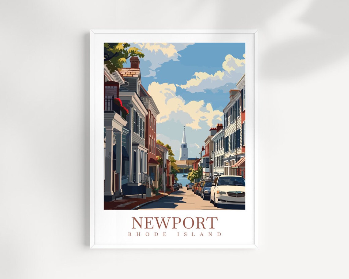 Newport Rhode Island Historic Street Church Steeple Scene Poster