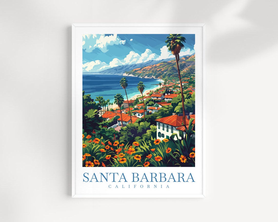 Santa Barbara California Sunny Coastal Hills Illustration Poster
