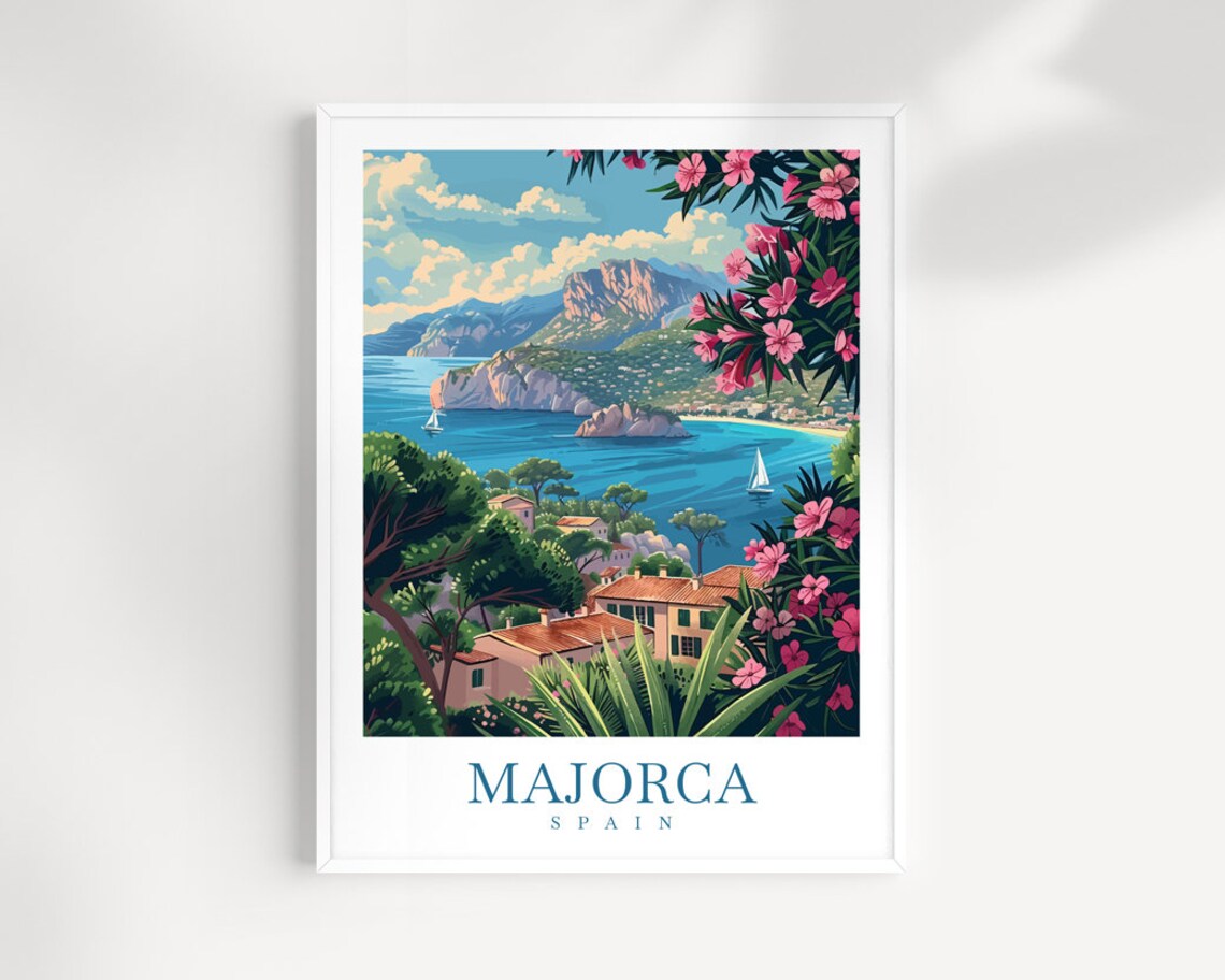 Majorca Spain Coastal Cliffs Sailboats Villages Vintage Travel Print