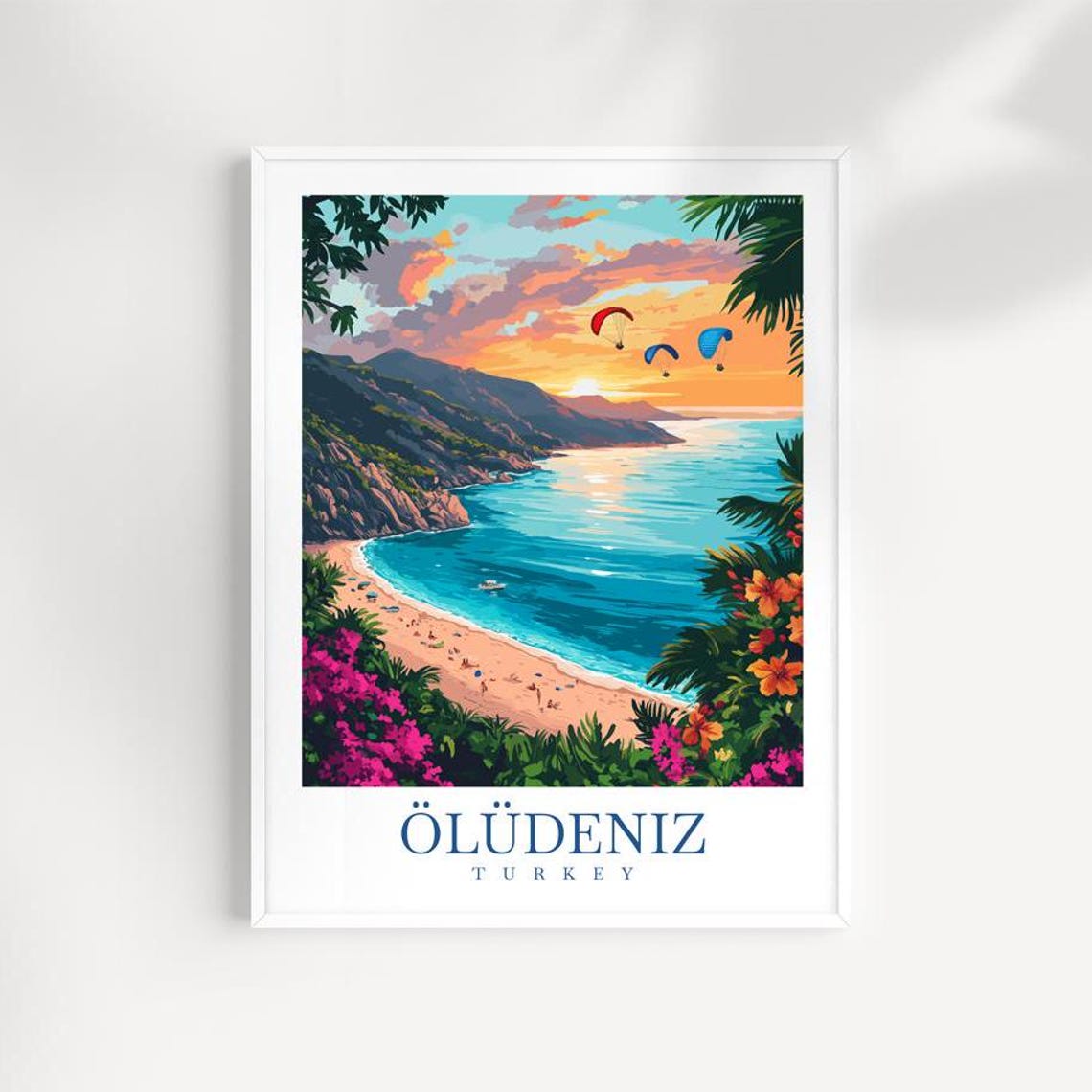 Oludeniz Turkey Sunset Paragliding Blue Lagoon Beach Travel Poster