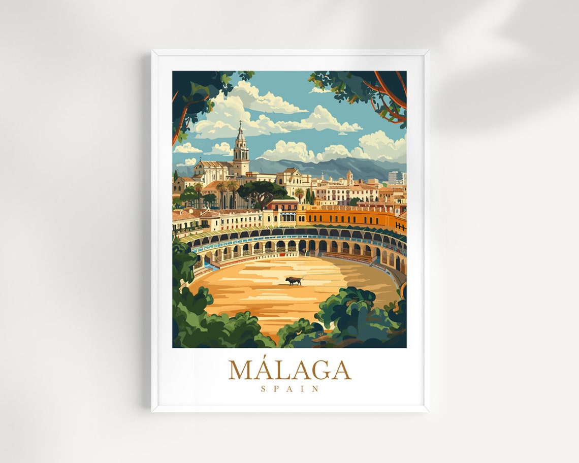 Malaga Spain Bullring And Cathedral Vintage Travel Poster Art