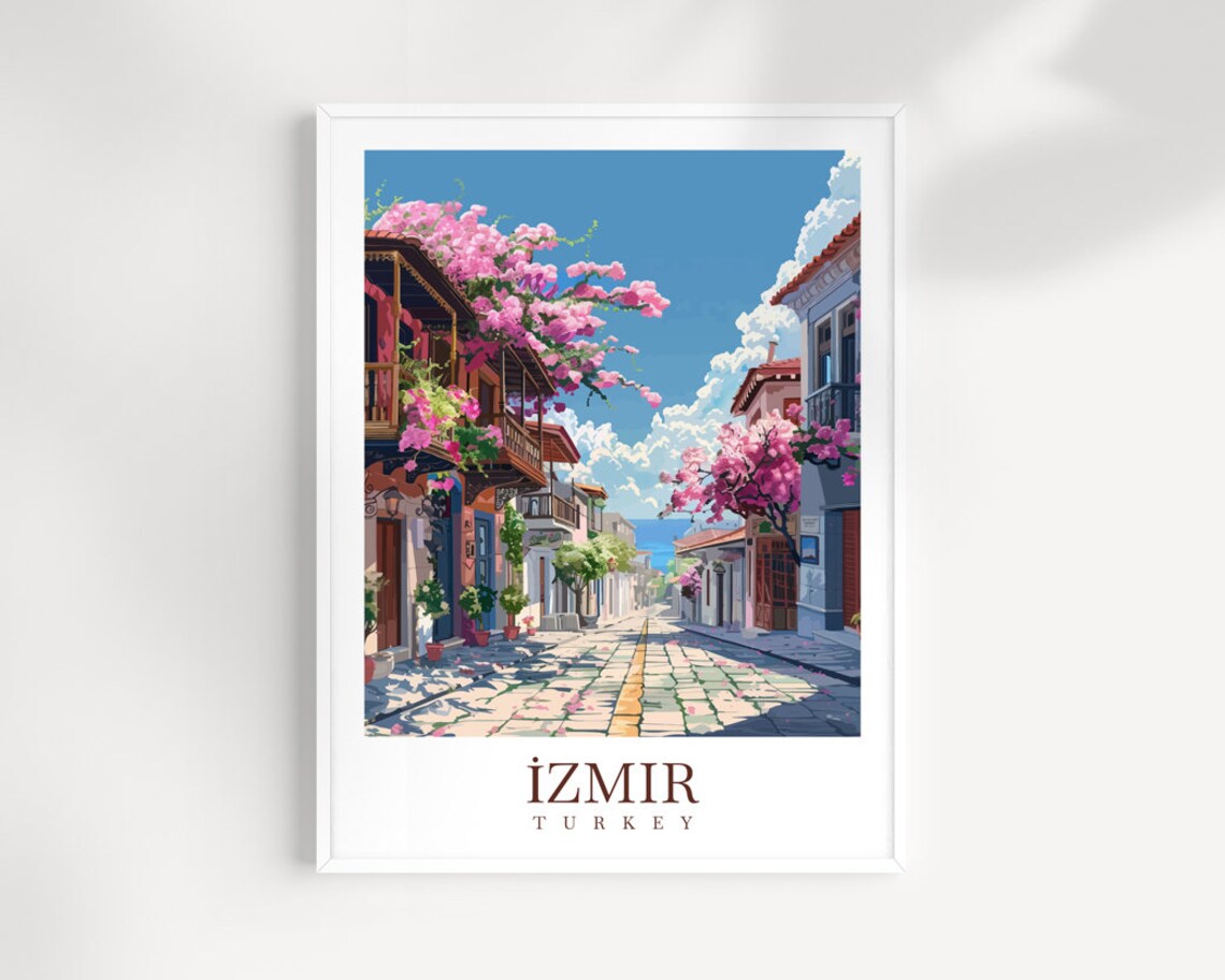 Izmir Turkey Old Town Street Pink Bougainvillea Blossom Travel Poster