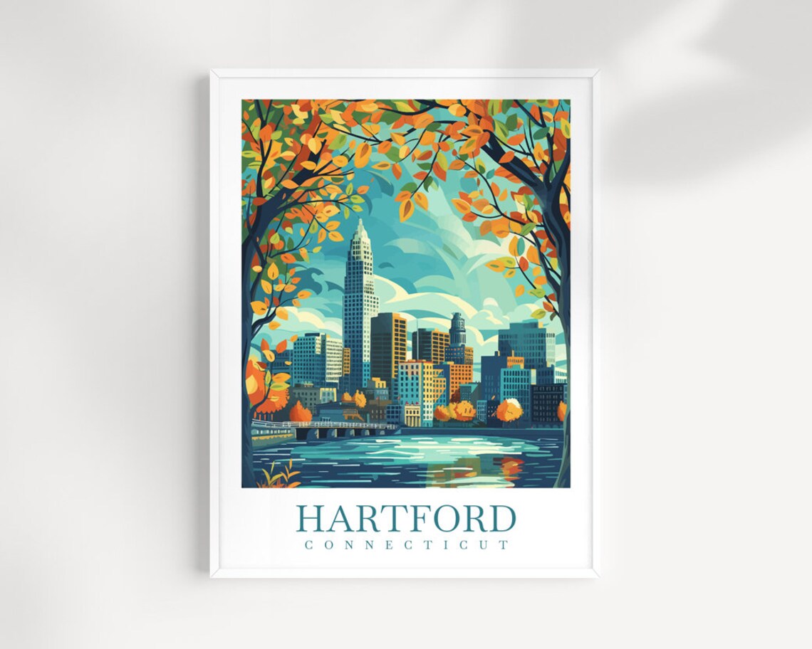 Hartford Connecticut Autumn Skyline River Vintage Travel Poster