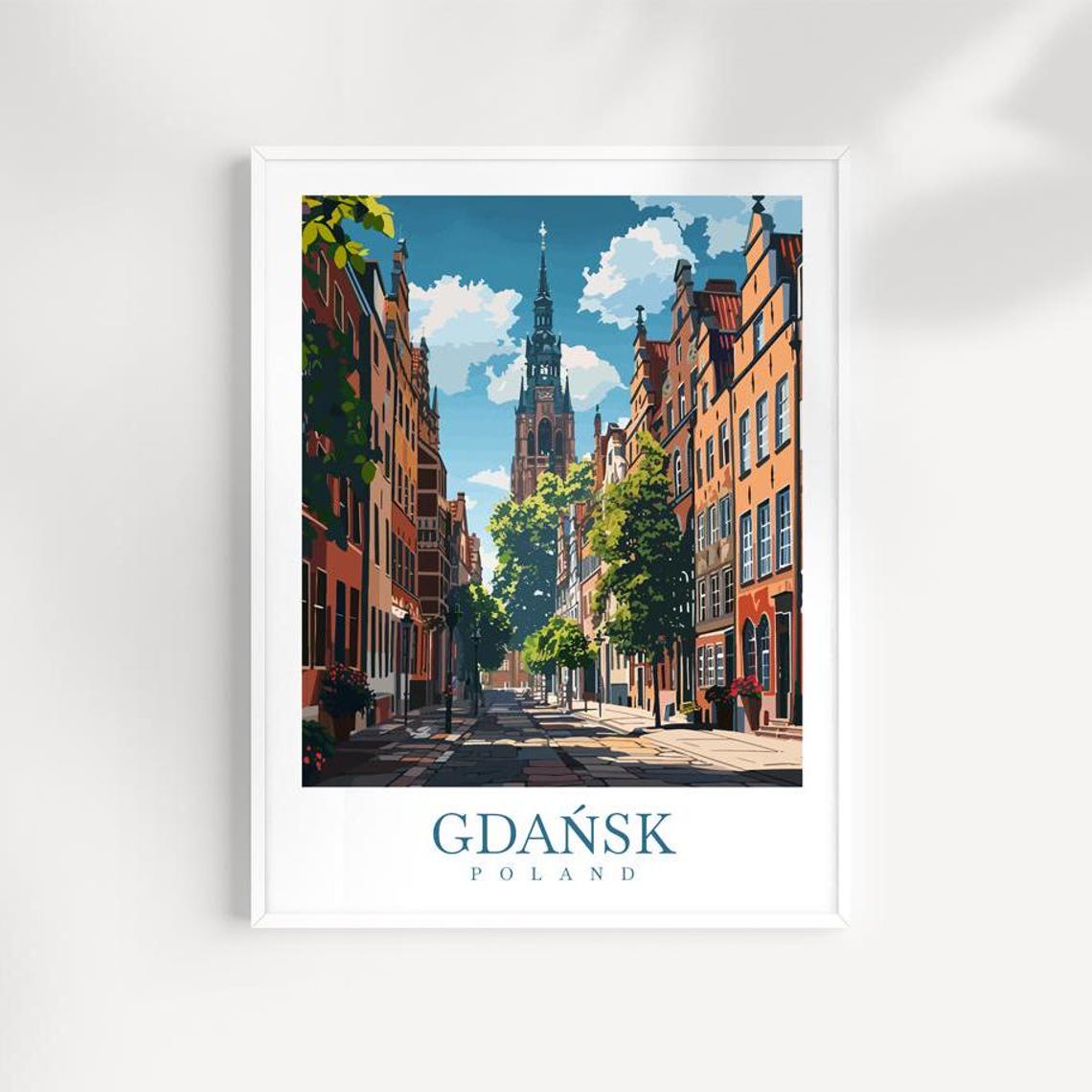 Gdansk Poland Quiet Cobbled Street And Church Spire View Poster