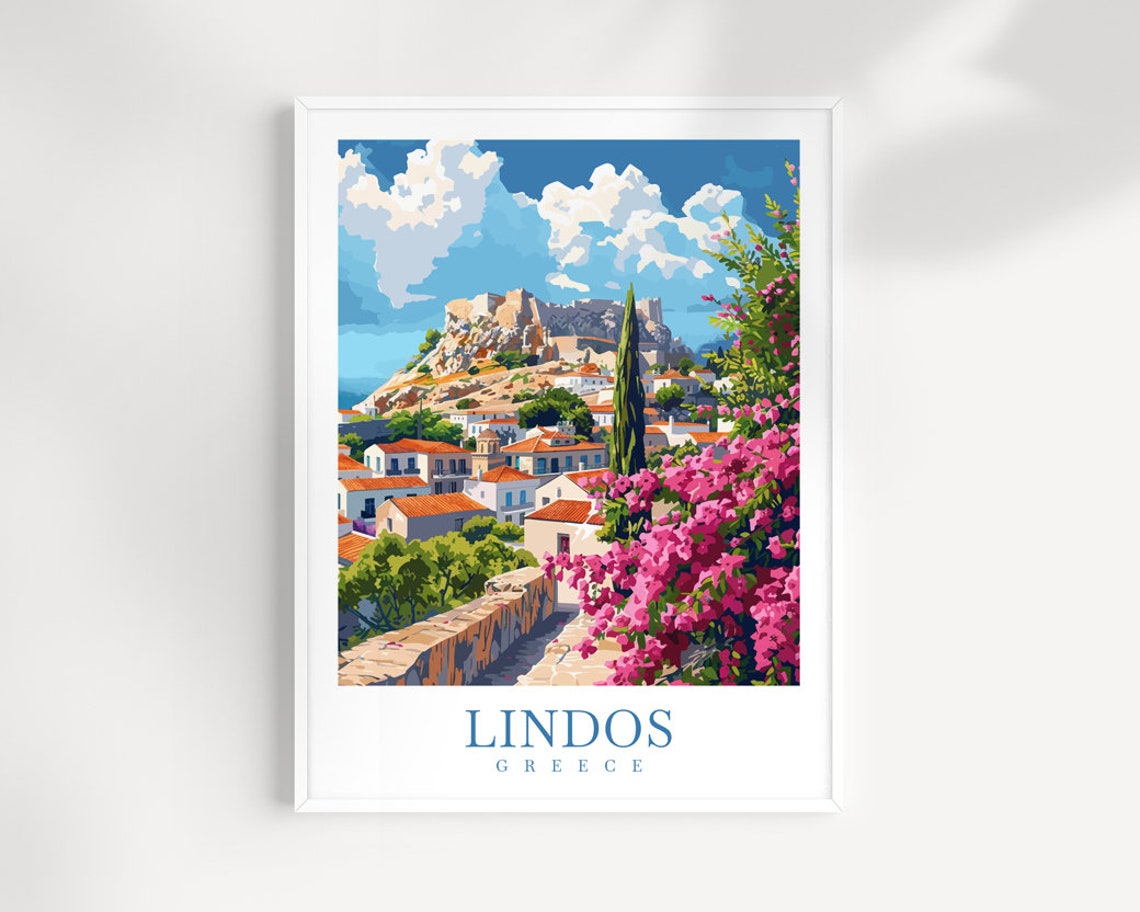 Lindos Greece Acropolis Village Bougainvillea Aegean View Poster