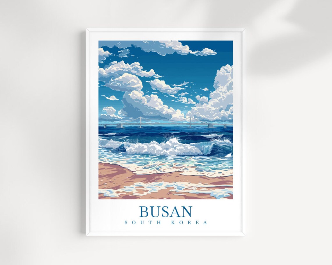 Busan South Korea Beach Waves Sea Bridge Scene Travel Poster
