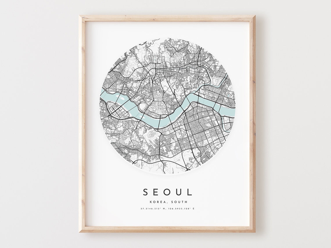 Seoul South Korea Circular City Street Map Minimalist River Print
