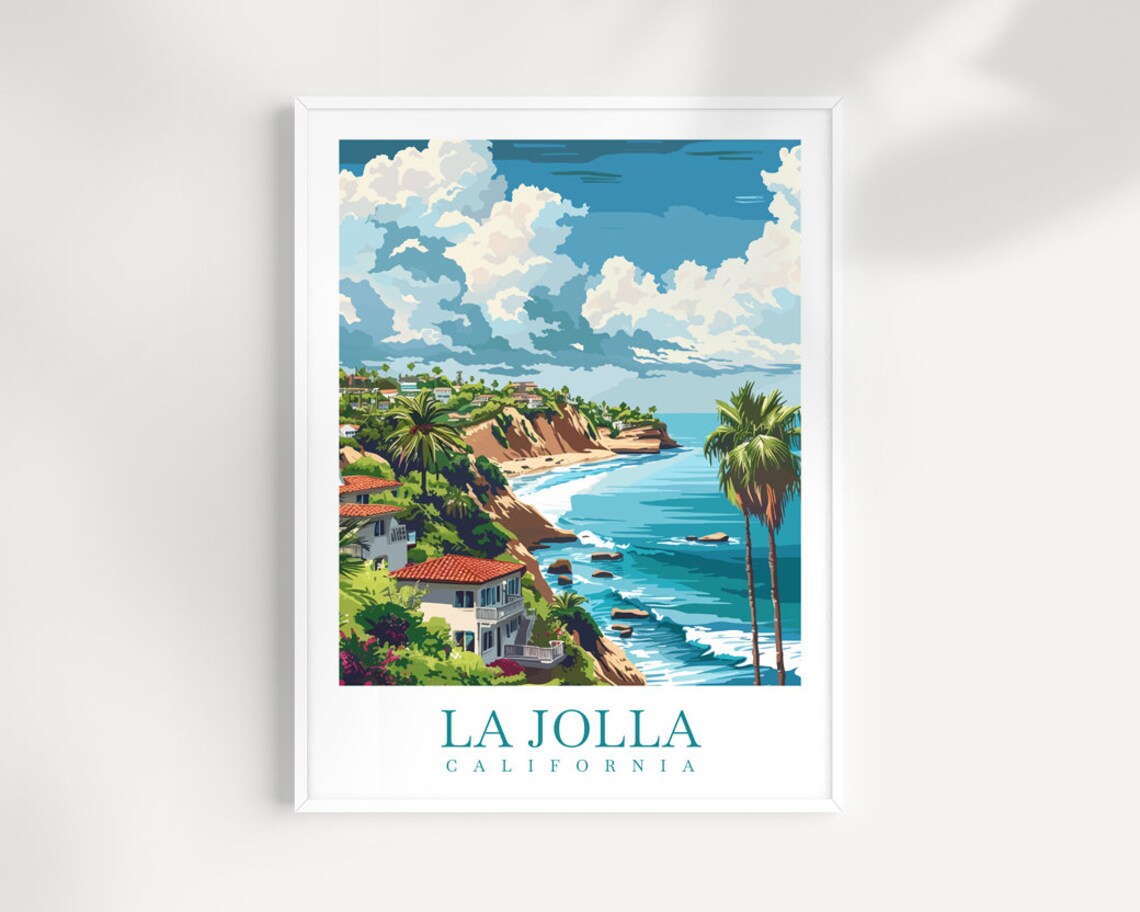 La Jolla California Coast Palm Trees Ocean Cliff Travel Poster