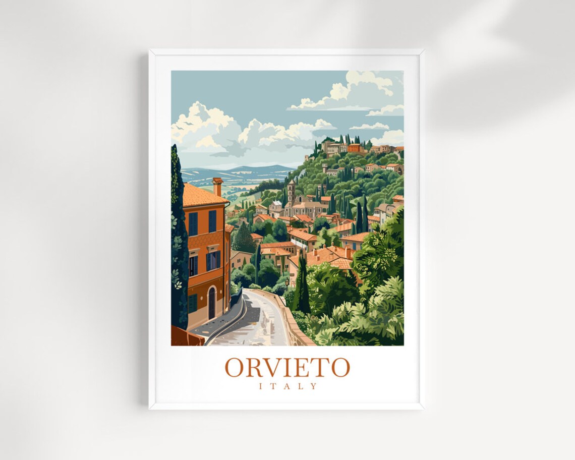 Orvieto Italy Hill Town Street Cypress Trees Travel Poster Art