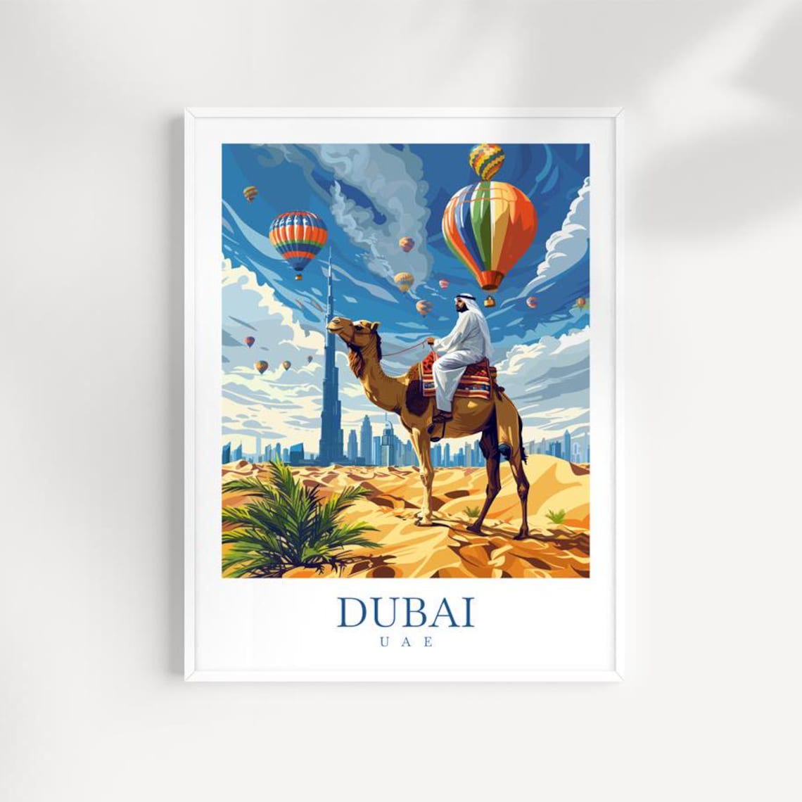 Dubai UAE Camel Rider Desert Hot Air Balloons Skyline Travel Poster