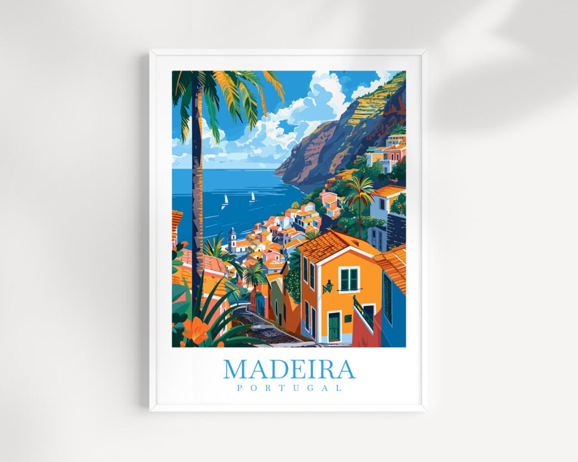Madeira Portugal Coastal Town Palm Trees Sailboat Travel Poster