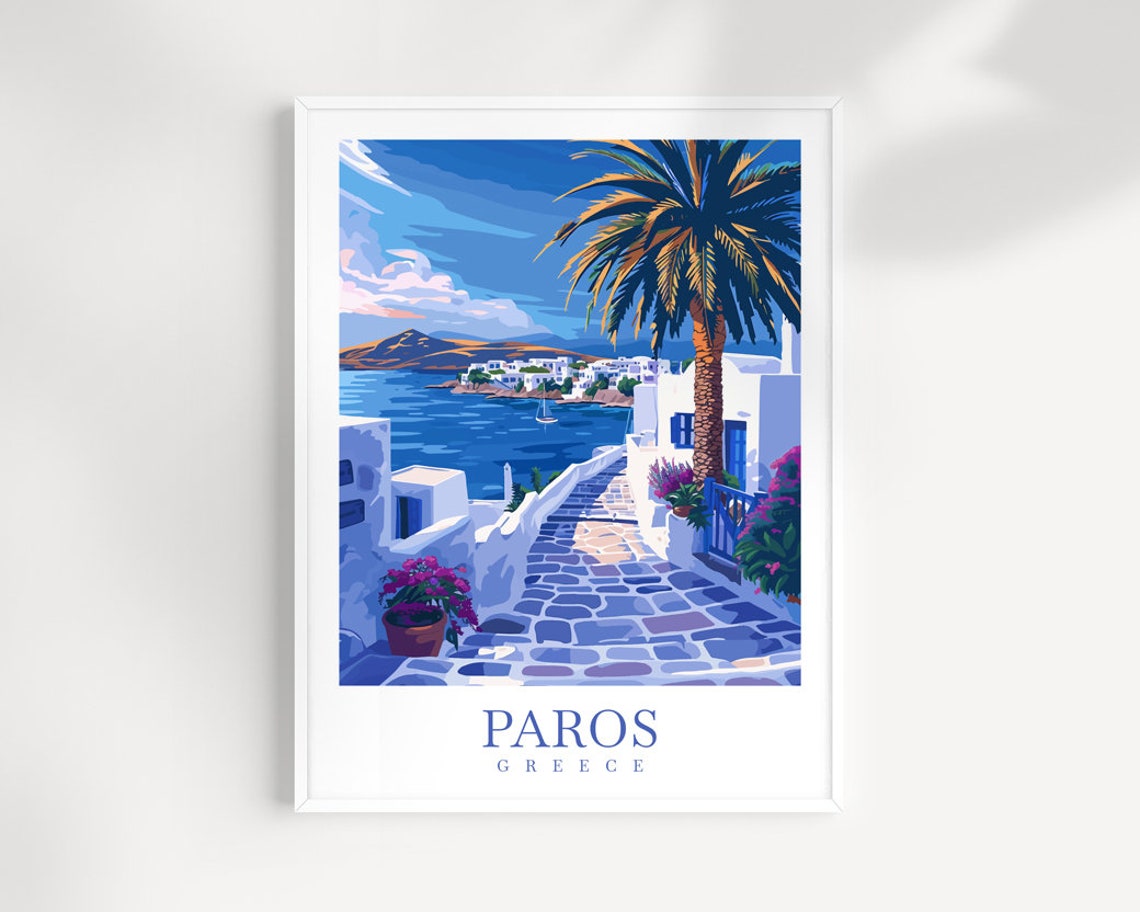 Paros Greece Island Poster Whitewashed Steps Palm Sea View Art