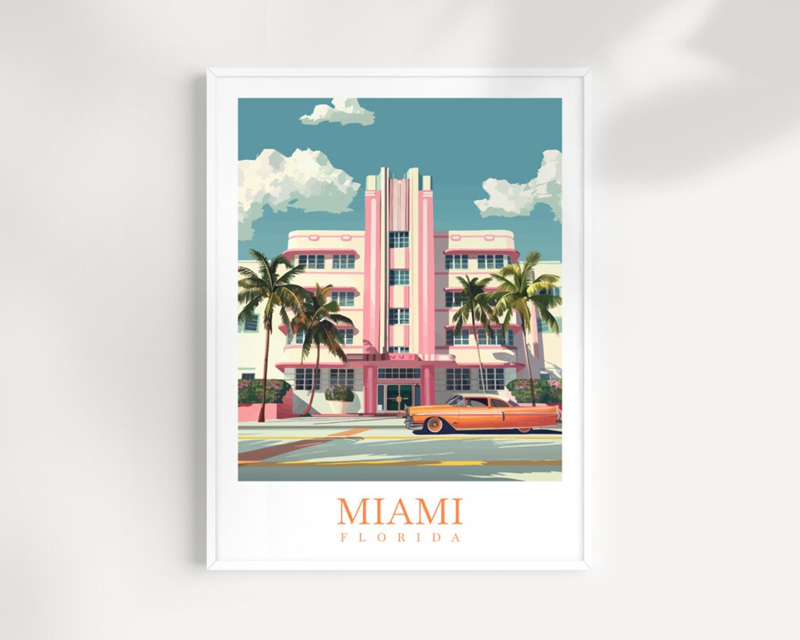 Miami Florida Art Deco Hotel Classic Car Retro Travel Poster