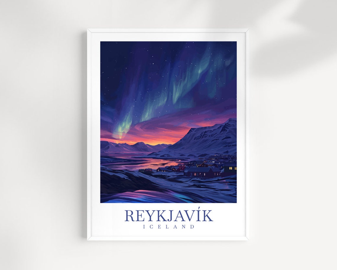 Reykjavik Iceland Northern Lights Over Snowy Night Town Art Print