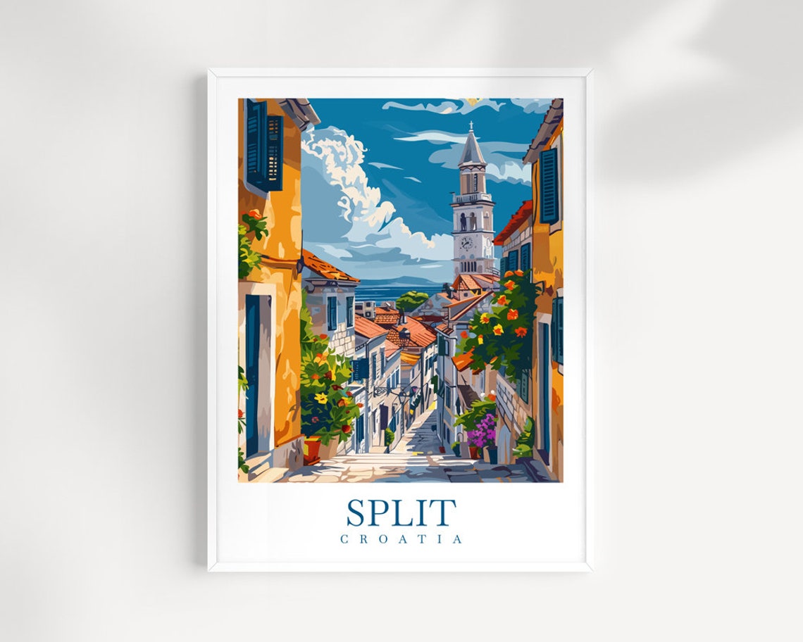 Split Croatia Charming Old Street with Bell Tower Travel Poster