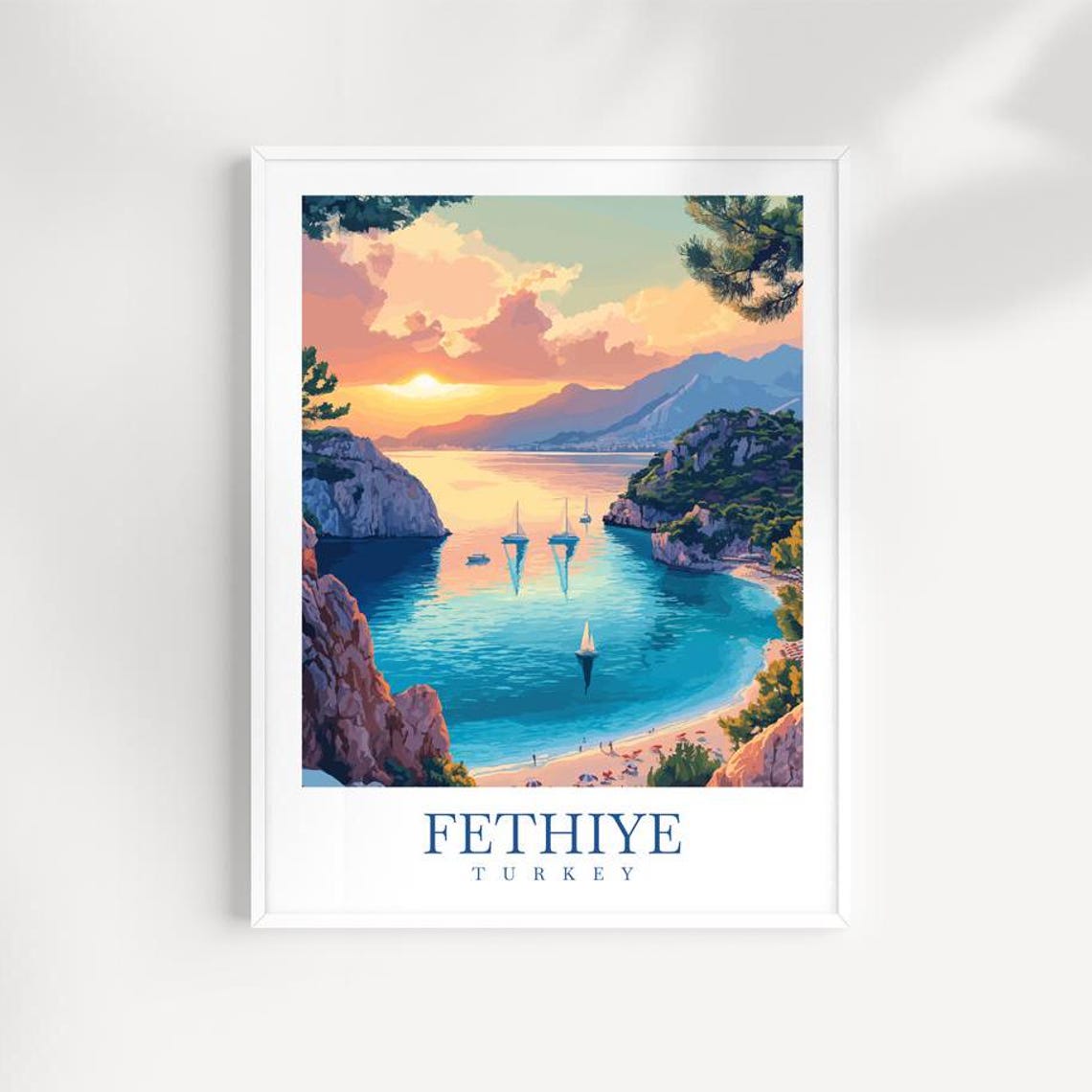 Fethiye Turkey Travel Poster Sunset Bay Sailboats Cliffs View Art