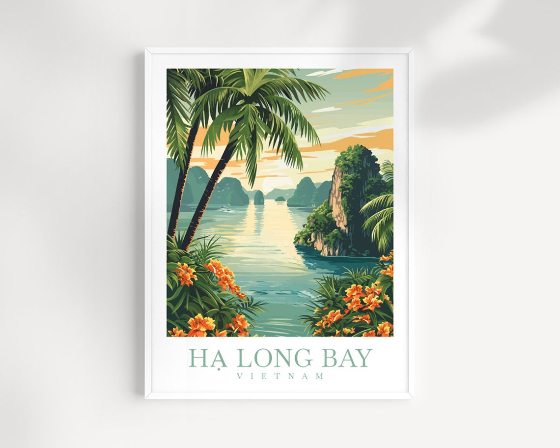 Ha Long Bay Vietnam Sunset Poster With Palm Trees And Karsts