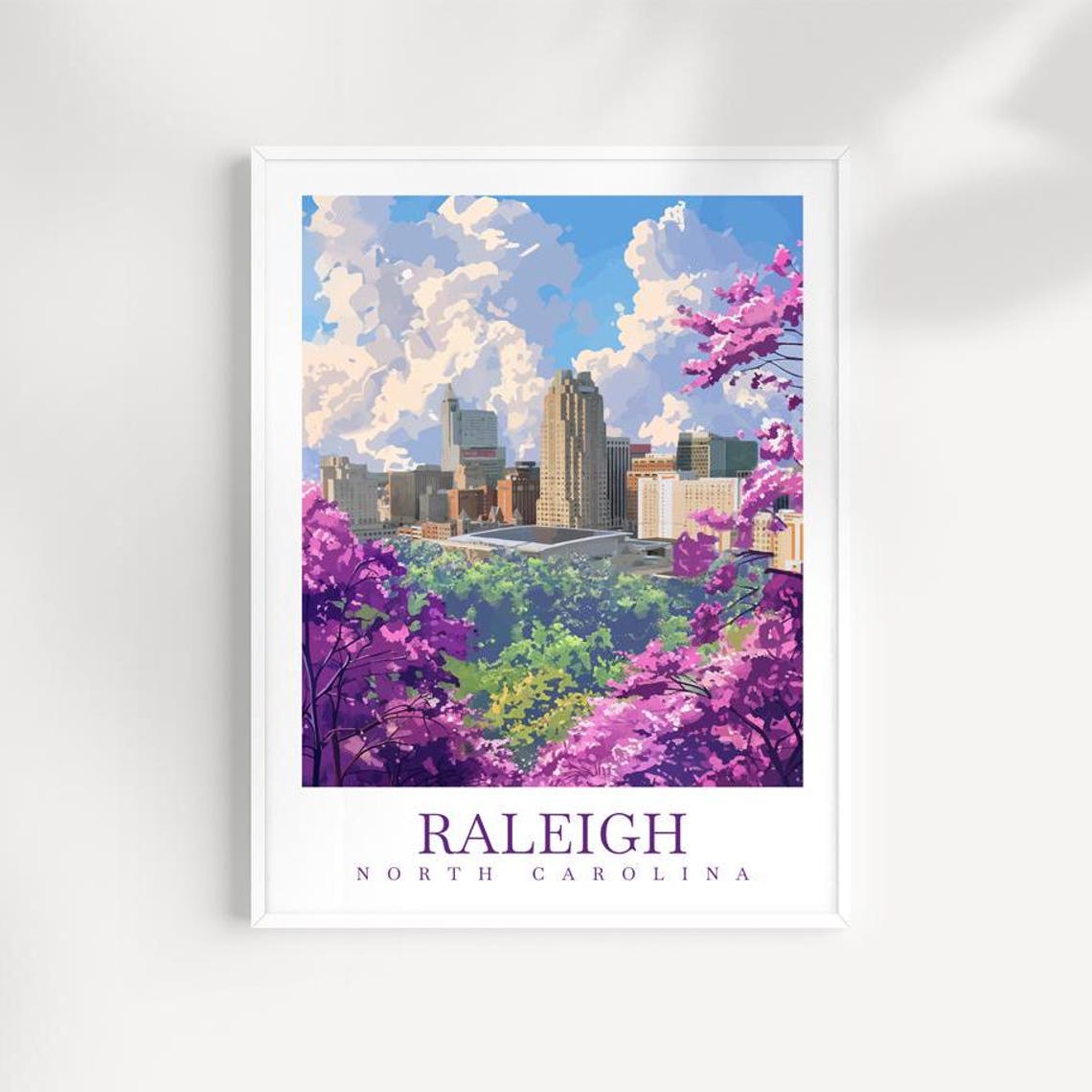 Raleigh North Carolina Skyline Pink Blossom Spring Travel Poster