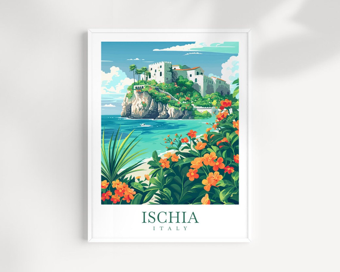 Ischia Italy Island Cliffside Castle Over Turquoise Water Poster