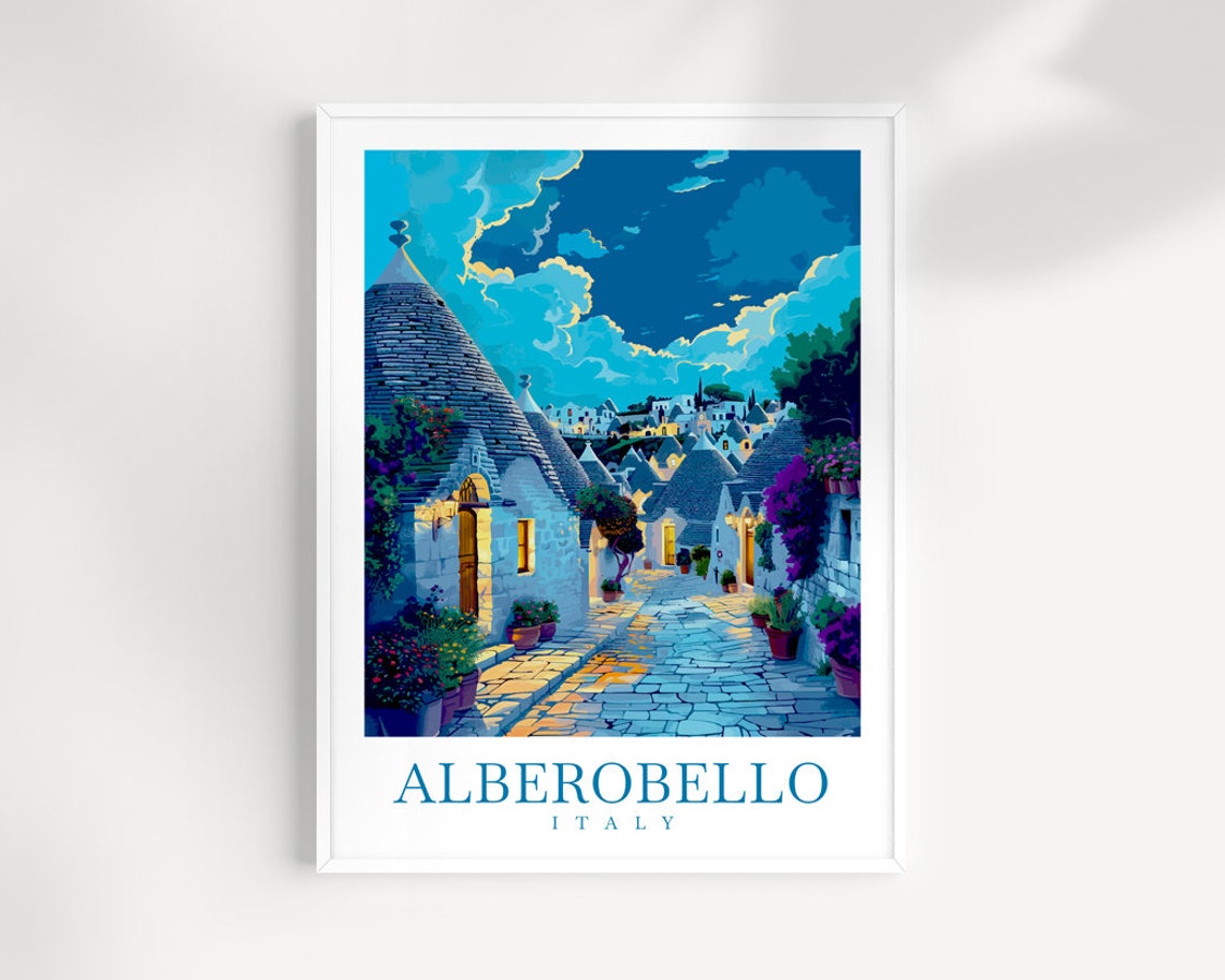 Alberobello Italy Trulli Stone Huts Glowing at Dusk Travel Poster