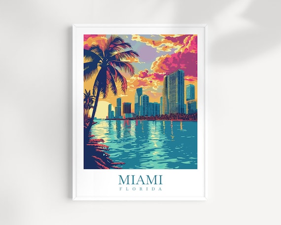 Miami Florida Waterfront Palm Tree Sunset Skyline Travel Poster
