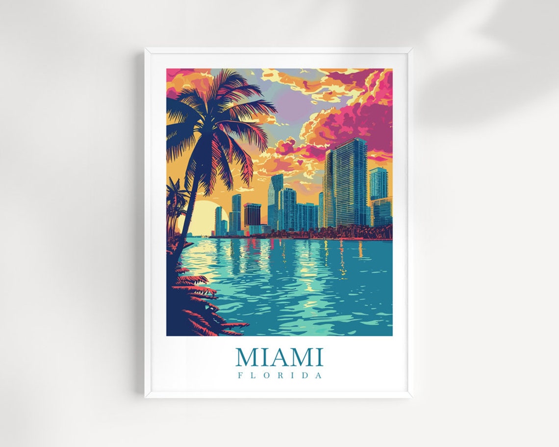 Miami Florida Waterfront Palm Tree Sunset Skyline Travel Poster