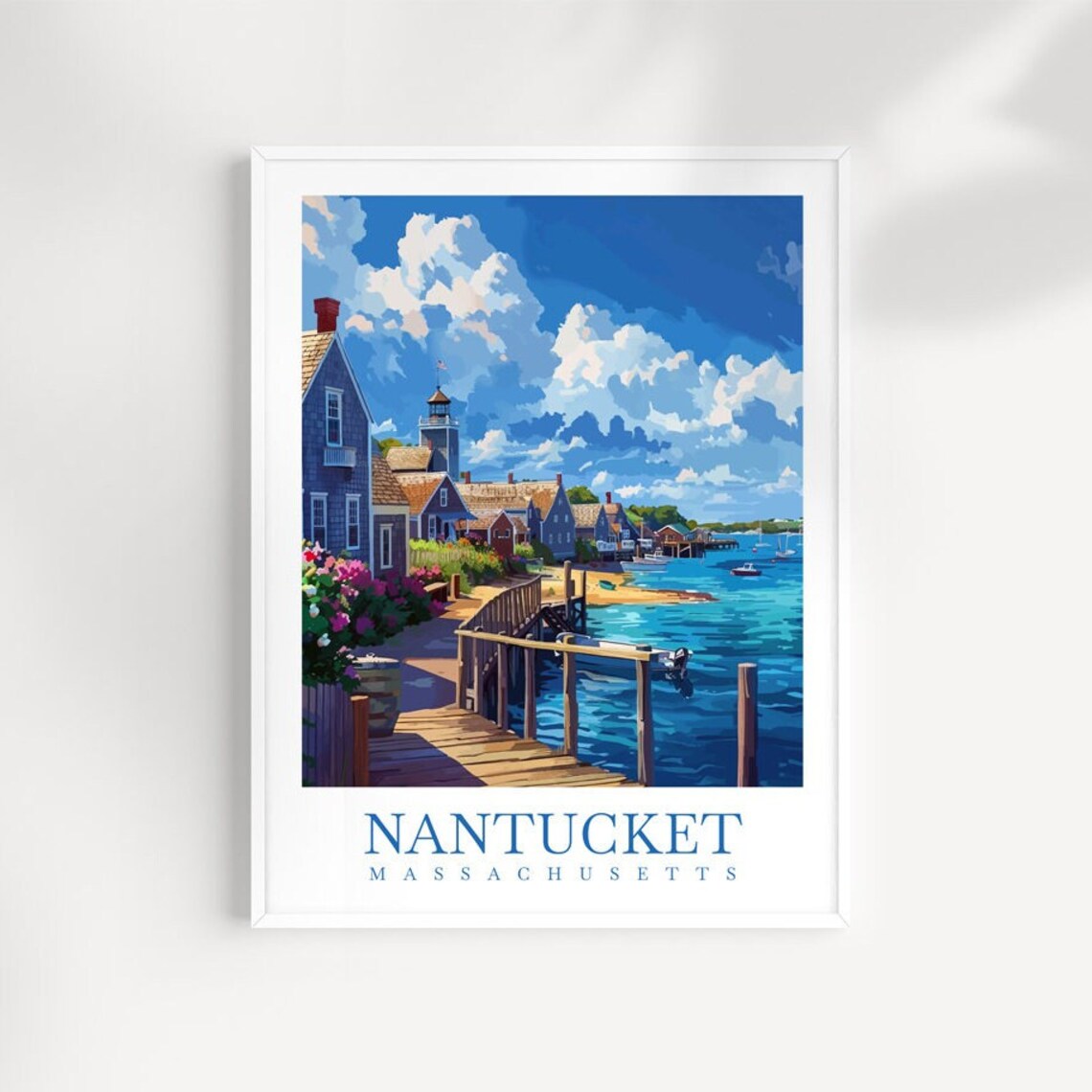 Nantucket Massachusetts Harbor Wooden Dock Cottages Travel Poster