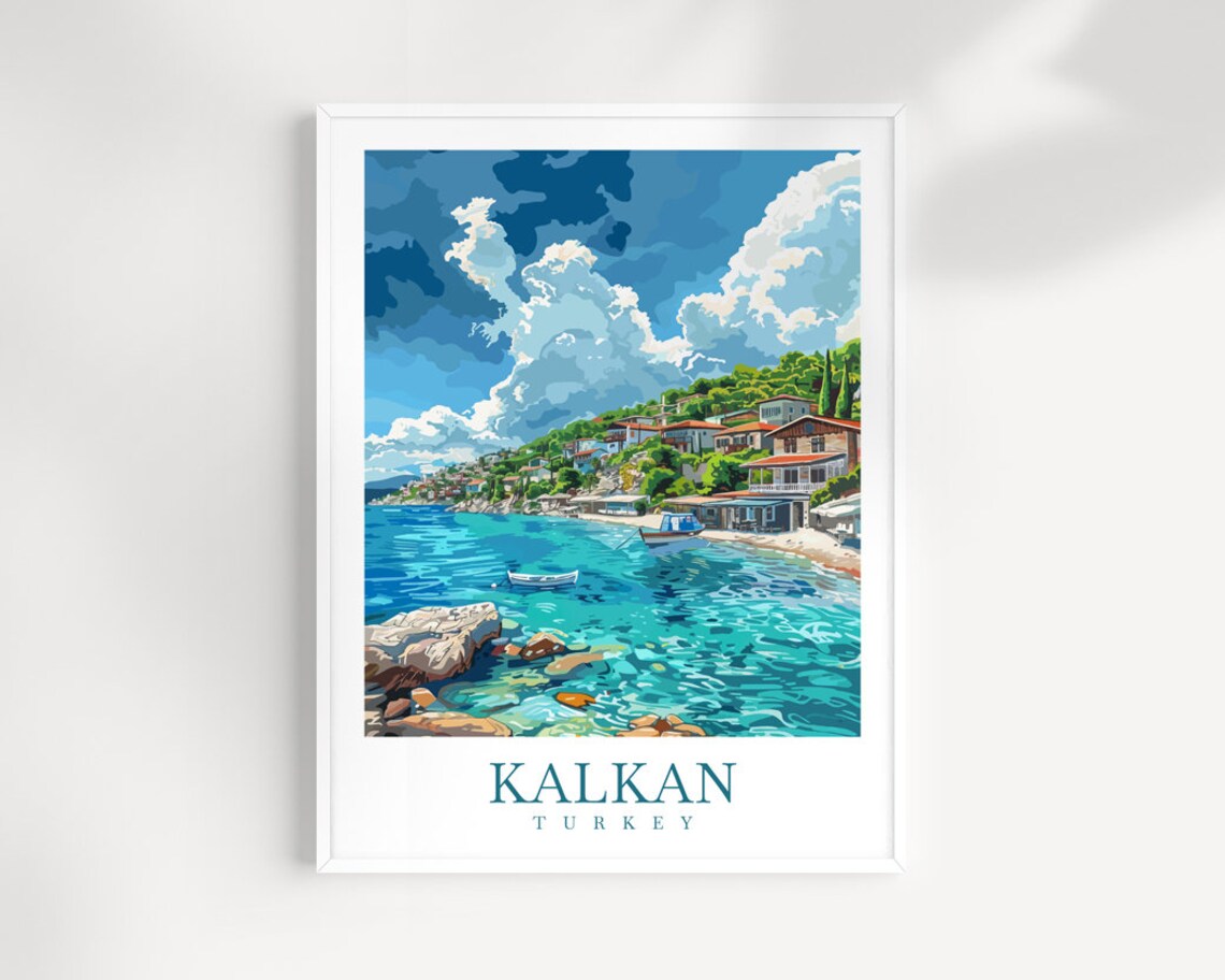 Kalkan Turkey Rocky Cove Fishing Boats Coastal Village Travel Poster