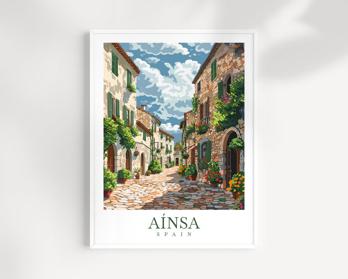 Ainsa Spain Stone Houses With Green Shutters And Flower Pots Poster