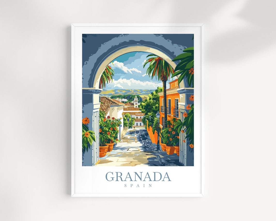 Granada Spain Arched Alley Palm View Whitewashed Travel Poster