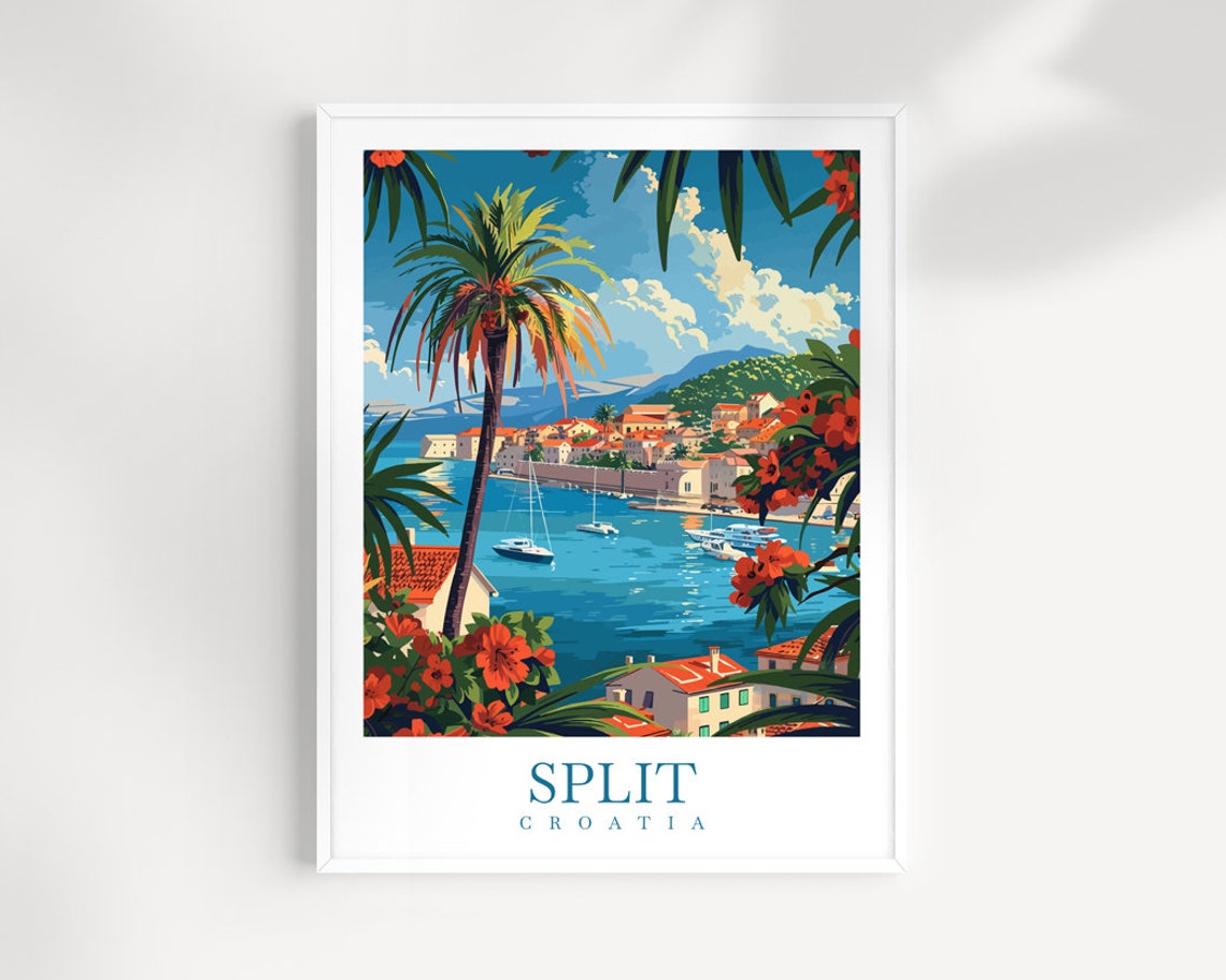Split Croatia Harbor with Palm Trees and Sailboats Travel Poster
