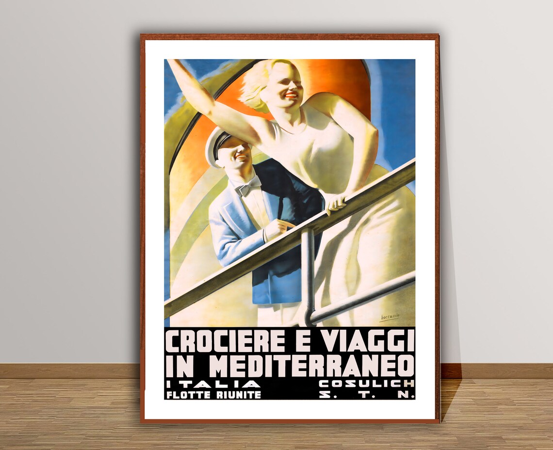 Cosulich Italia Mediterranean Cruise Couple Vintage Ship Poster