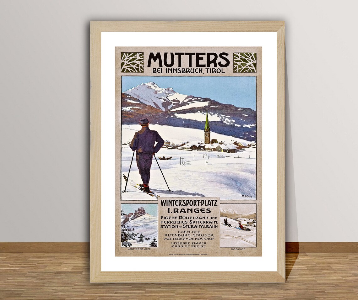 Mutters bei Innsbruck Tirol Vintage Austrian Ski Resort Travel Poster