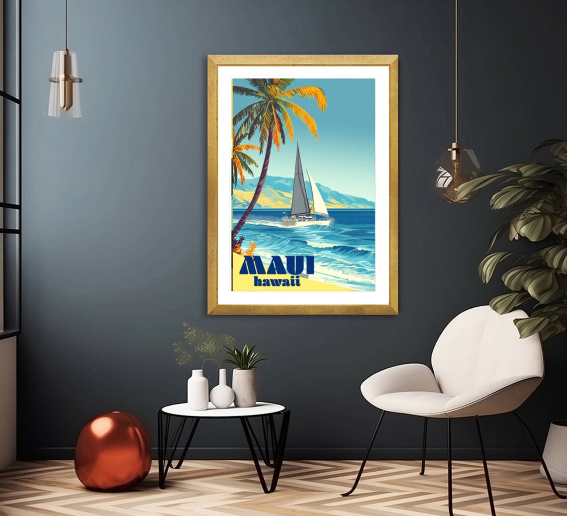 Maui Hawaii Vintage Tropical Sailboat Palm Beach Travel Poster - Image 3
