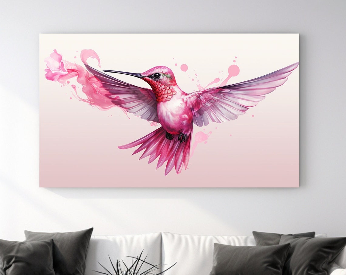 Pink Hummingbird in Flight with Paint Splashes Bird Wall Art Poster
