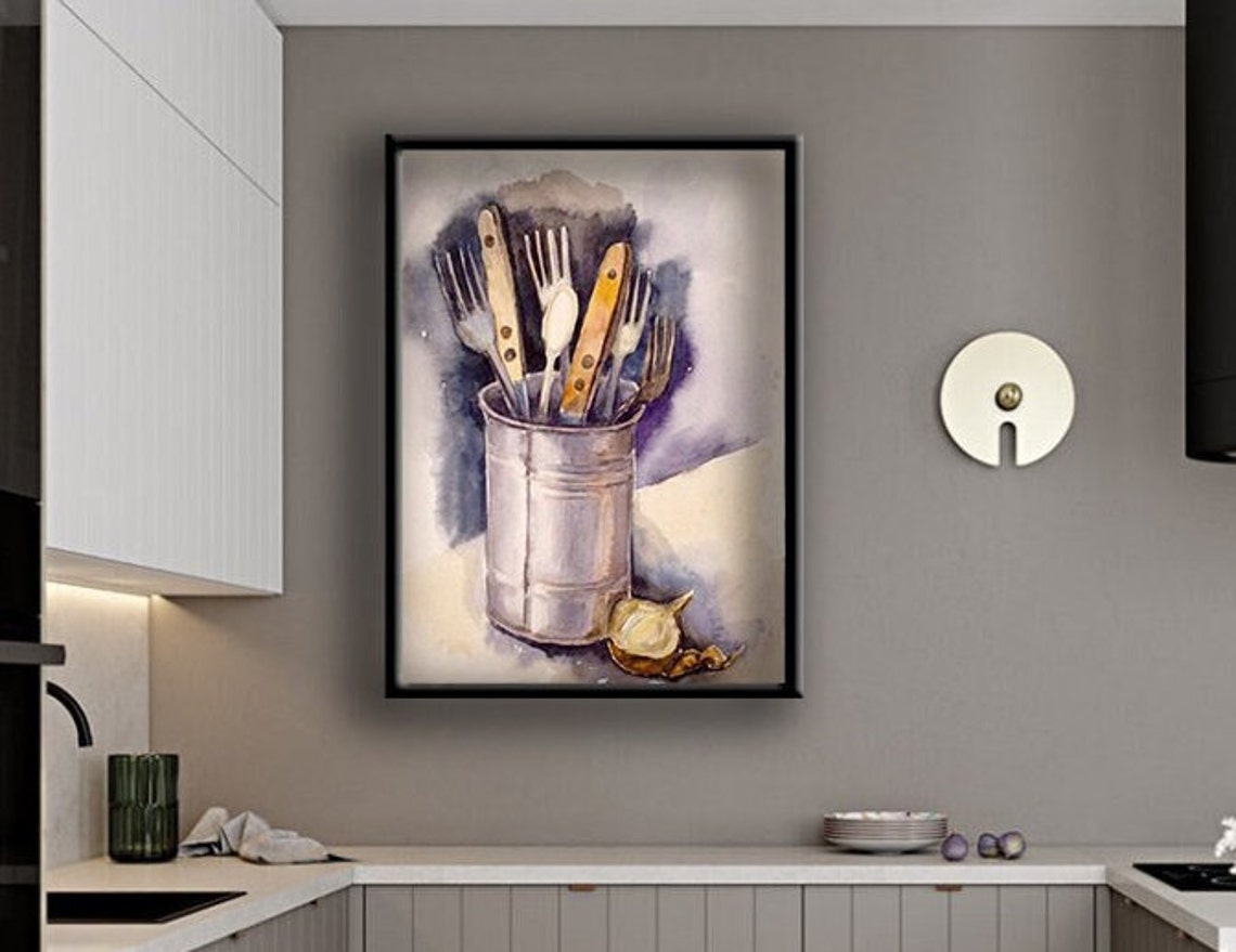 Watercolor Kitchen Utensils Still Life Garlic Rustic Wall Art Print