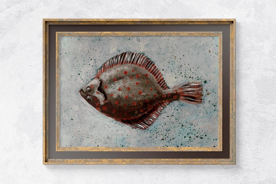 Red Spotted Flounder Flatfish Ocean Folk Painting Art Poster - Image 2