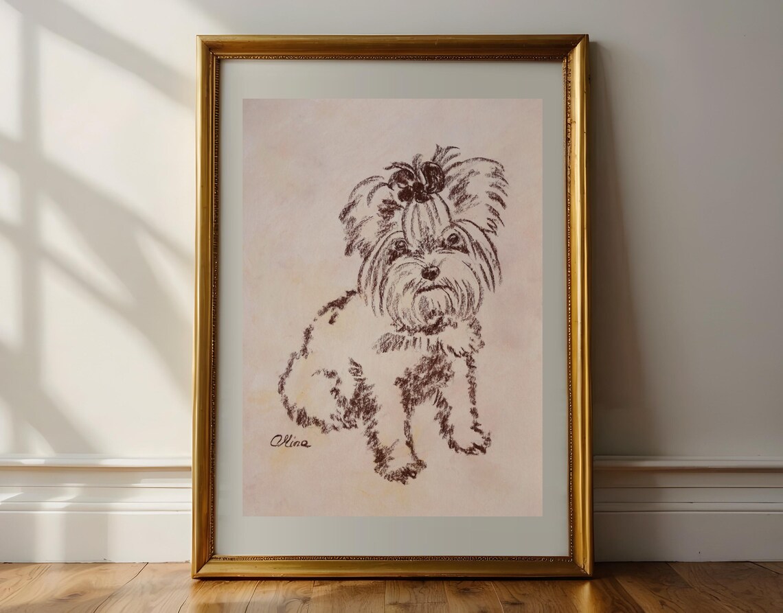 Little Dog With Bow Ink Sketch Poster Sweet Puppy Artwork Gift - Image 2