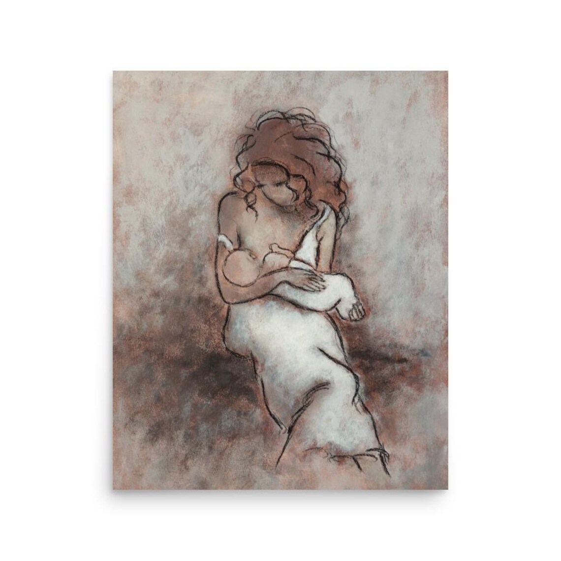 Nursing Mother and Newborn Baby Neutral Charcoal Sketch Poster - Image 3