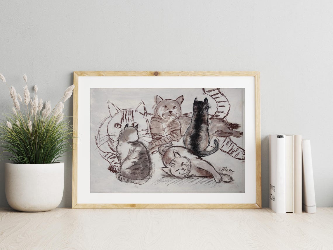 Five Cats Lounging Sketch Poster Sepia Ink Cat Group Artwork - Image 2