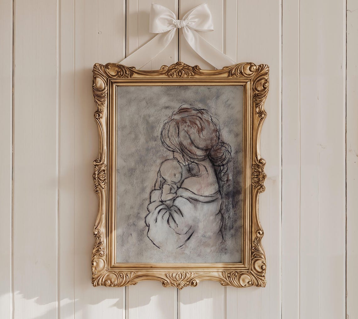 New Mother Holding Her Baby Soft Grey Wash Sketch Art Poster - Image 2