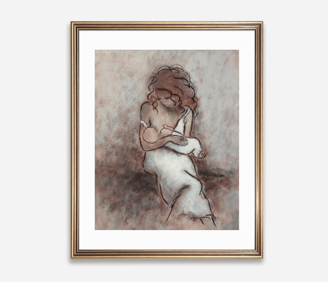 Nursing Mother and Newborn Baby Neutral Charcoal Sketch Poster - Image 2
