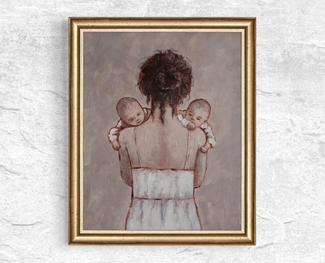 Mother Carrying Twin Babies on Shoulders Painting Nursery Poster - Image 2