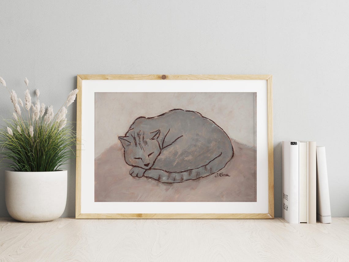 Sleeping Gray Cat Curled Up Cozy Minimalist Neutral Wall Poster - Image 2