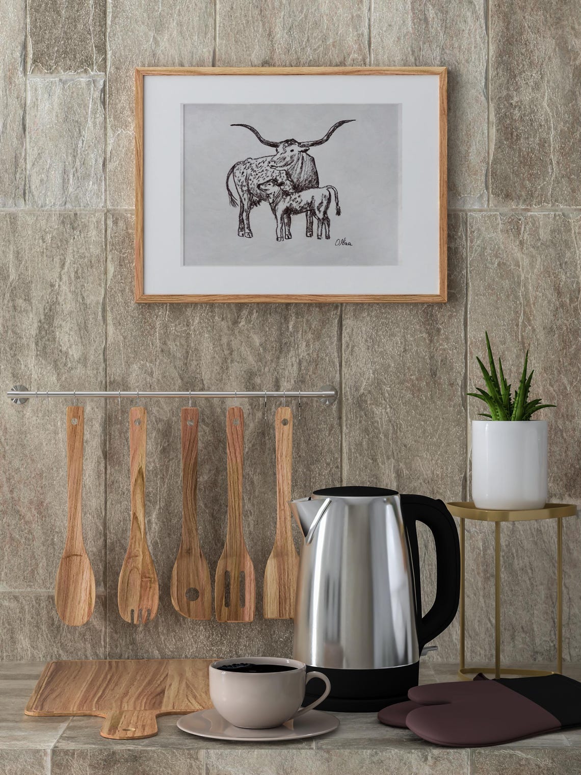 Texas Longhorn Cow Standing With Her Calf Charcoal Art Poster - Image 2