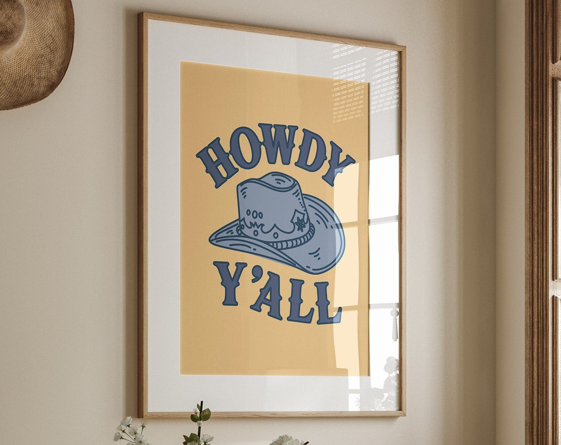 Howdy Yall Cowboy Hat Navy on Mustard Retro Ranch Western Wall Art