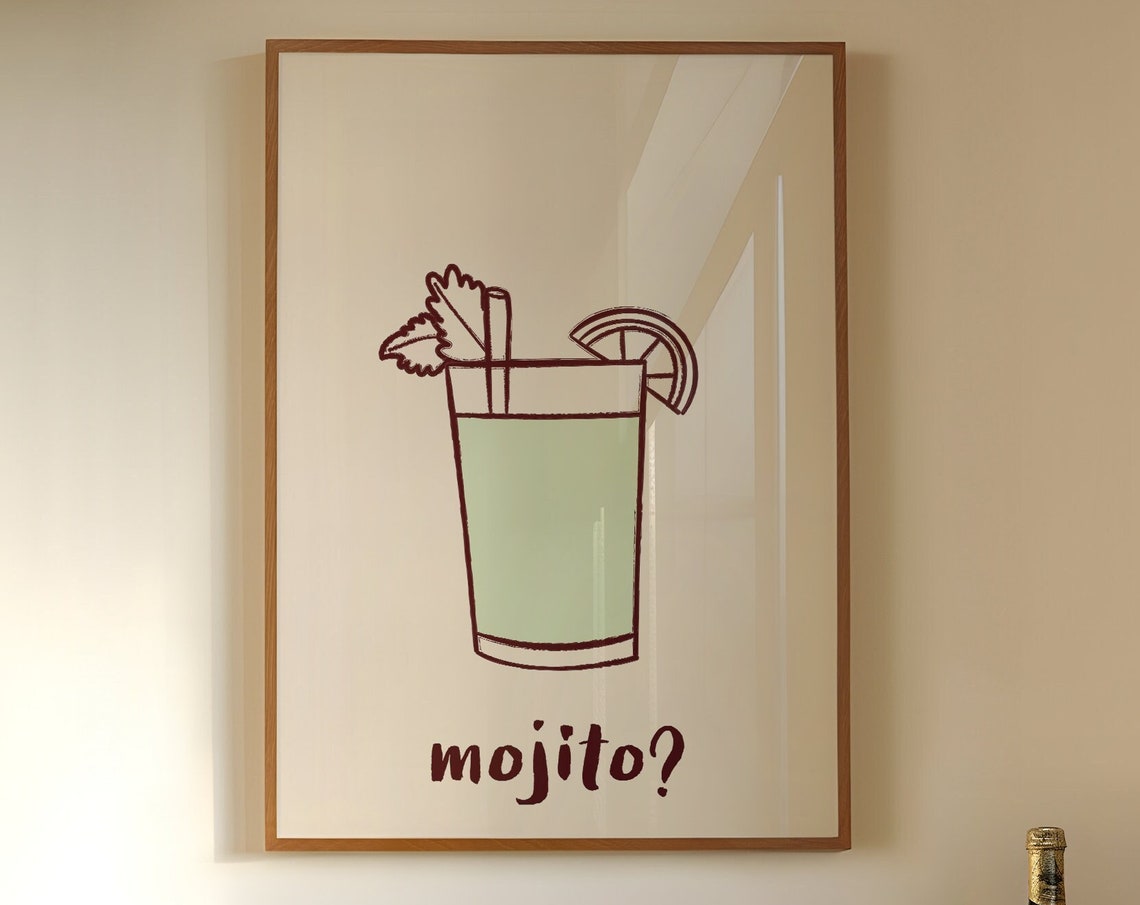 Mojito Mint Lime Tall Glass Line Art Minimalist Cocktail Poster