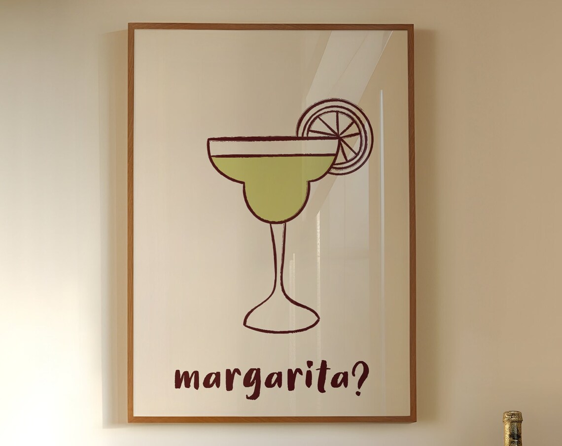 Margarita Cocktail Line Drawing Minimalist Cream Bar Cart Poster