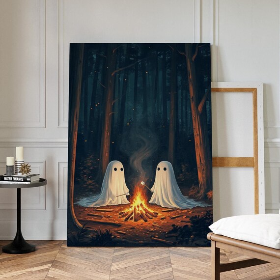 Two Cute Ghosts Campfire Marshmallows Dark Forest Halloween Wall Poster